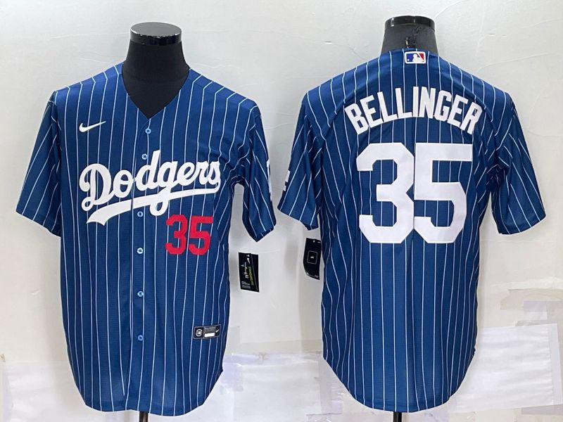 Men Los Angeles Dodgers 35 Bellinger Blue Stripe Throwback Nike 2022 MLB Jersey1